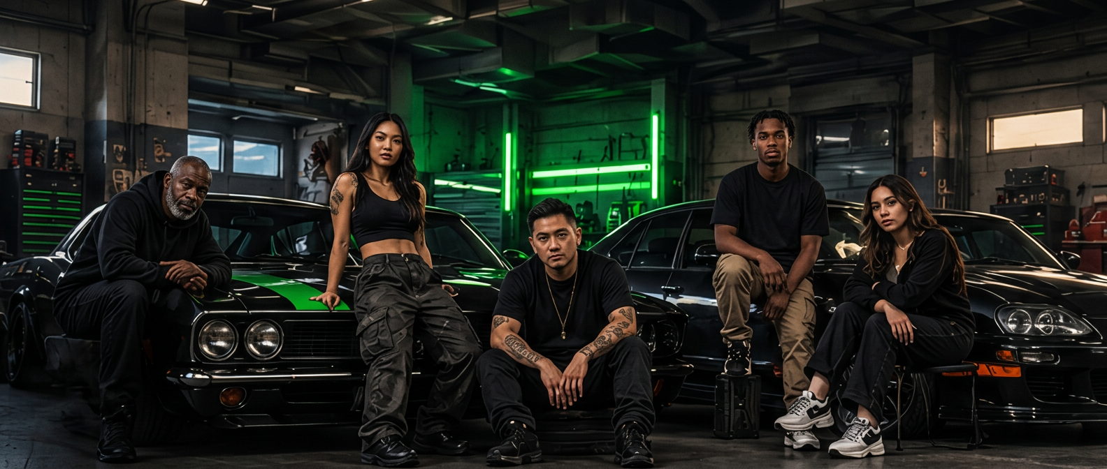 Mayhem crew concept artwork: car people of many backgrounds gathered in the garage