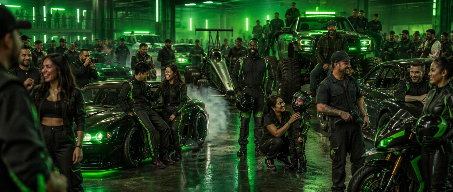 Mayhem concept artwork of a diverse crowd of car enthusiasts from many motorsports disciplines